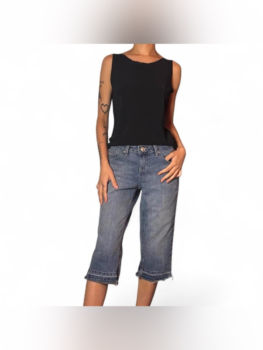 Blue Denim Lowrise Capri Pants W Frayed Hem & Embroidered Pocket by Blue Spice